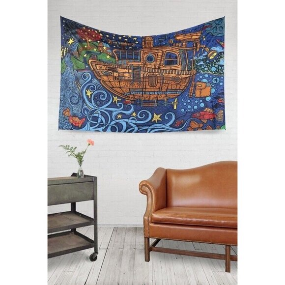New Large Steampunk Tugboat Tapestry Psychedelic Wall Art Hanging Decor 90x60 - Picture 2 of 3